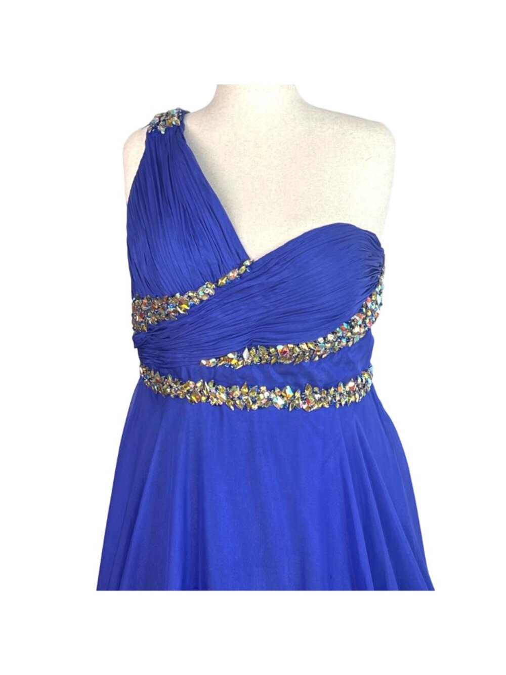 Royal Blue One Shoulder Chiffon Jeweled Plus Gown 18W Flowy Train Formal Prom - Picture 3 of 9